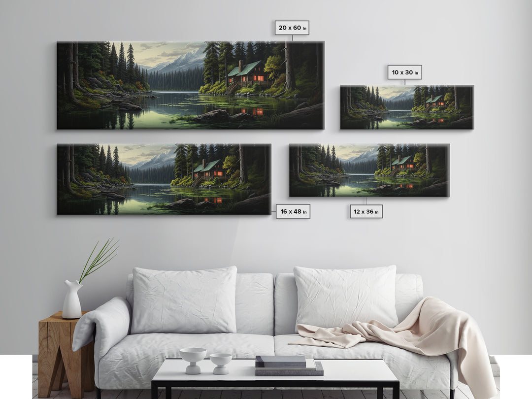 Cozy Cabin on The Lake, Framed Canvas Print, Farmhouse Decor, Landscape Painting, Unique Wall Art