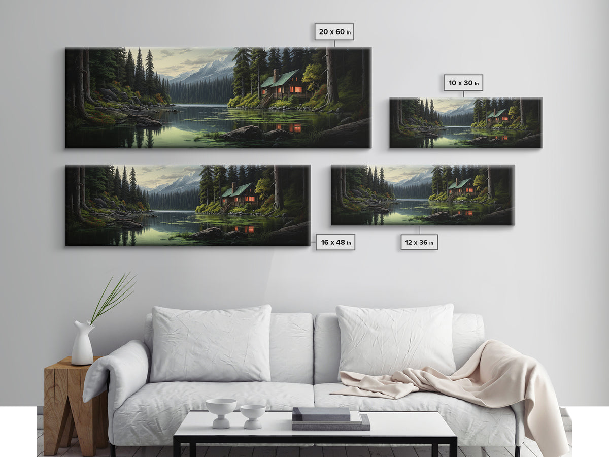 Cozy Cabin on The Lake, Framed Canvas Print, Farmhouse Decor, Landscape Painting, Unique Wall Art