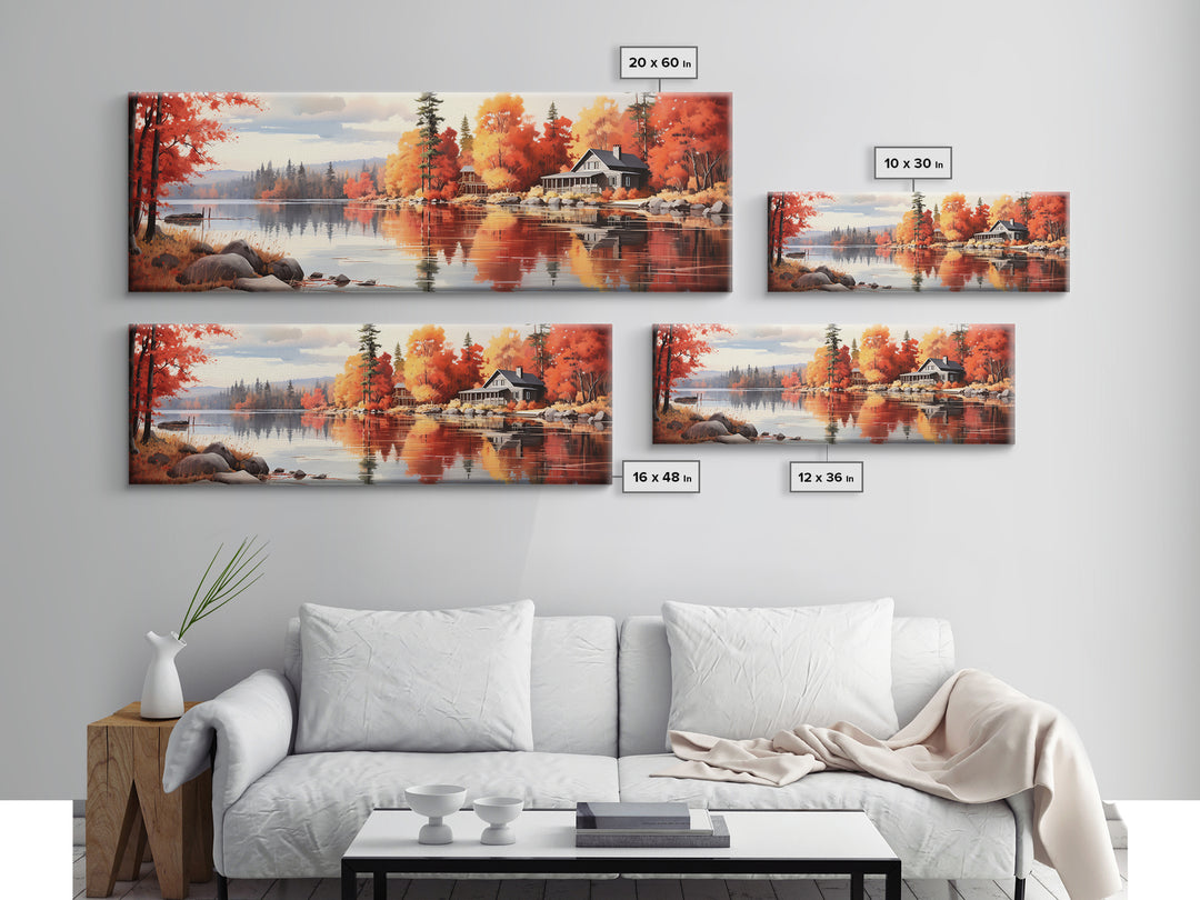 Autumn Cozy Cabin on The Lake, Framed Canvas Print, Farmhouse Decor, Landscape Painting, Unique Wall Art, Fall Decor