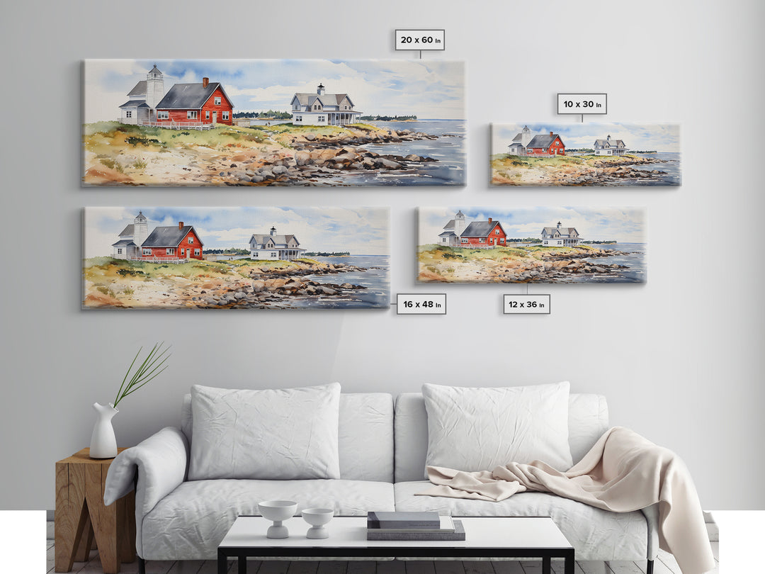 Maine watercolor painting Framed Canvas Print, Maine Seaside Print, Lupine Art Print, Maine Art Print, Lupine Painting, Maine landscape art