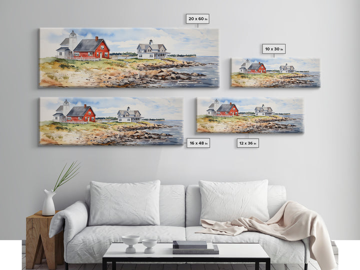 Maine watercolor painting Framed Canvas Print, Maine Seaside Print, Lupine Art Print, Maine Art Print, Lupine Painting, Maine landscape art