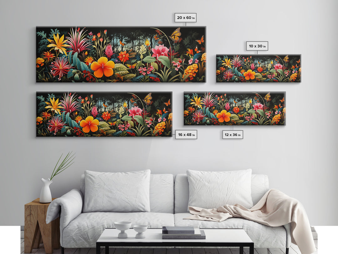 Beautiful Tropical Print "The Jungle" Framed Canvas Print, Panoramic Art, Extra Wide Wall Decor, Living Room Decor
