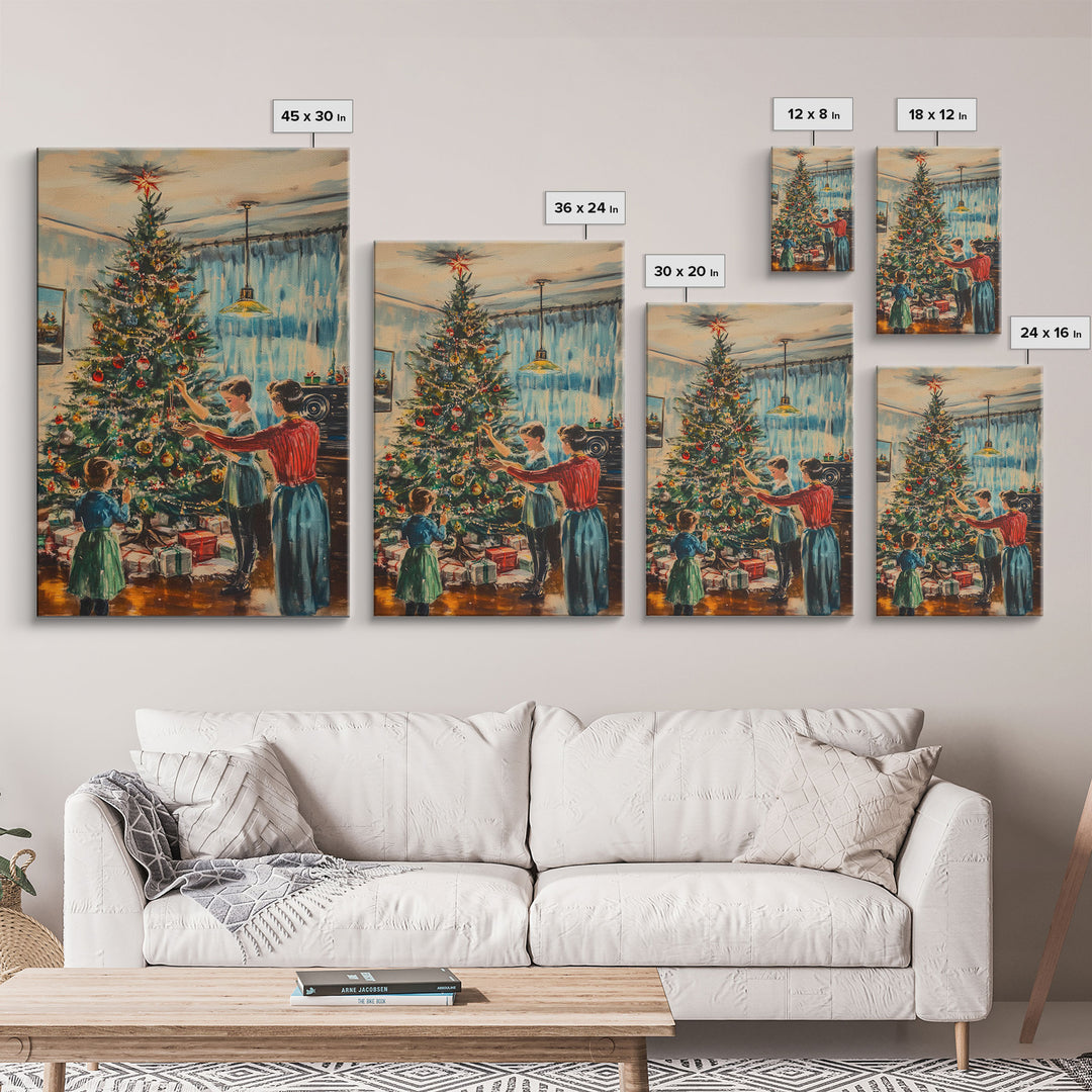 Family Decorating Christmas Tree in Cozy Living Room, Vintage Holiday Scene, Perfect Christmas Wall Decor, Framed Canvas Print