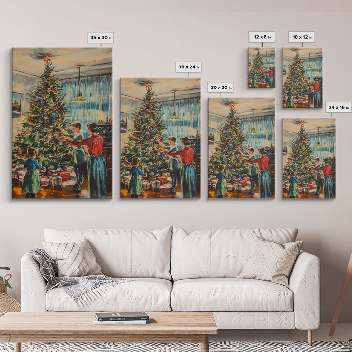 Family Decorating Christmas Tree in Cozy Living Room, Vintage Holiday Scene, Perfect Christmas Wall Decor, Framed Canvas Print