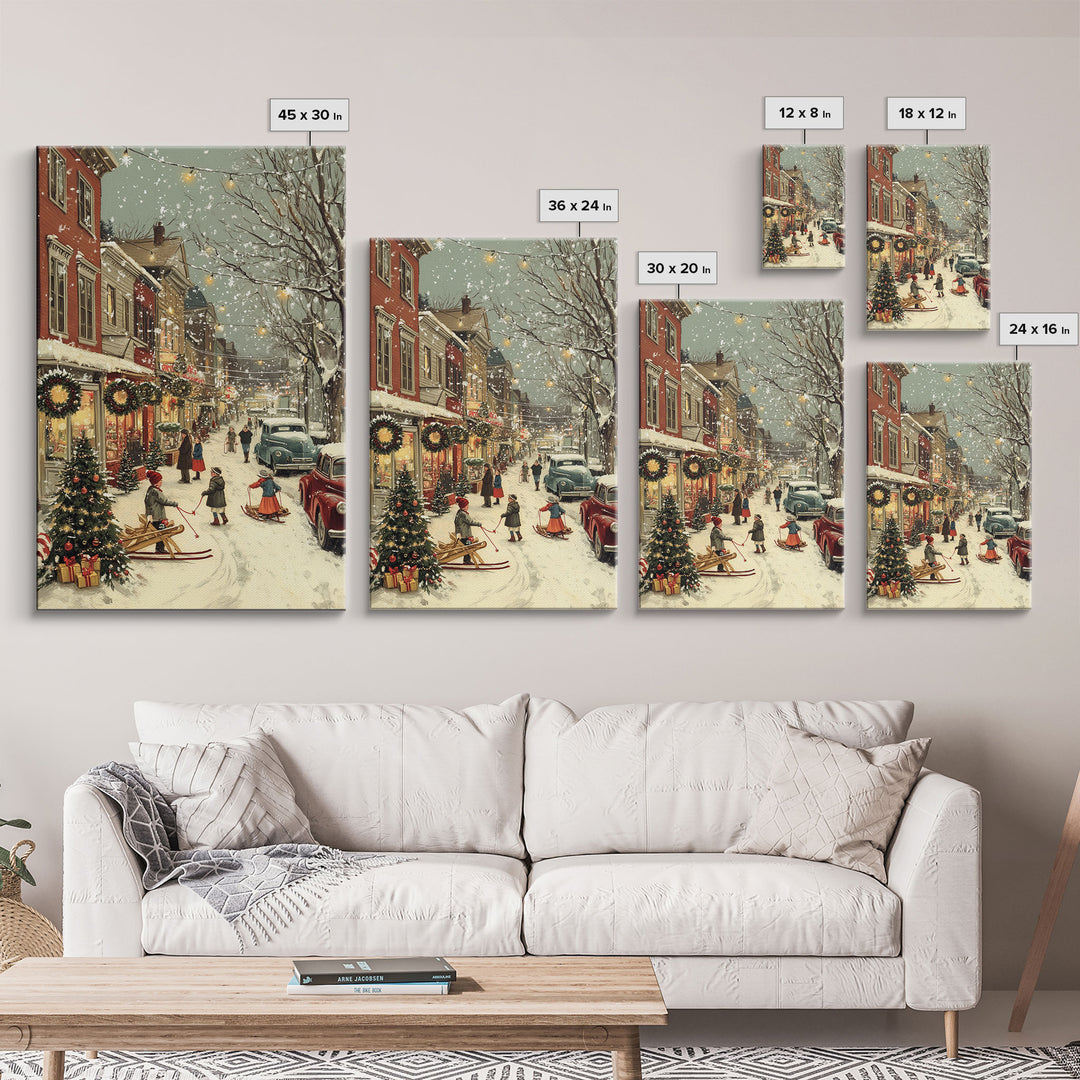 Vintage Christmas Town Scene with Children Playing in Snow, Holiday Street Decor and Wreaths, Framed Canvas Print for Winter Wall Art