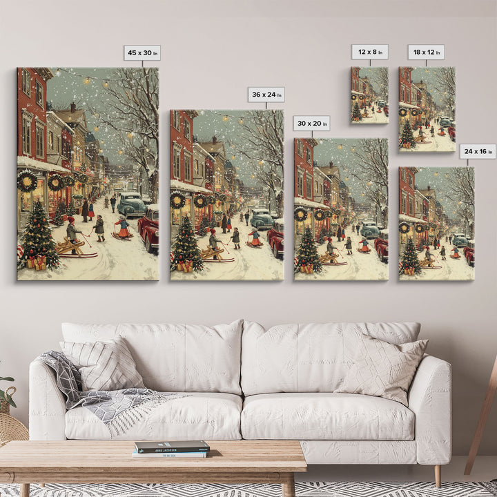 Vintage Christmas Town Scene with Children Playing in Snow, Holiday Street Decor and Wreaths, Framed Canvas Print for Winter Wall Art
