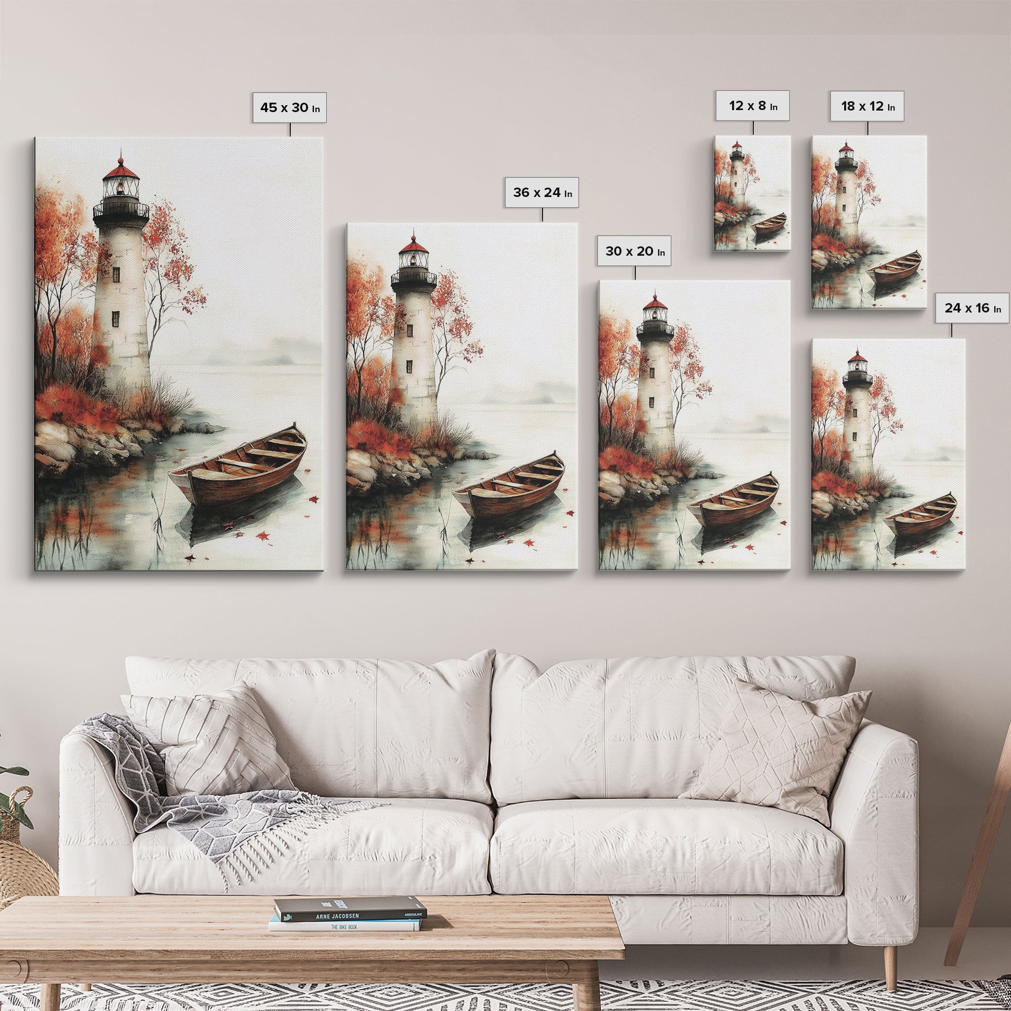 Lighthouse In The Fall, Framed Canvas Print, Fall Decor, Autumn Centerpiece Art, Boho Minimalist Style Wall Art