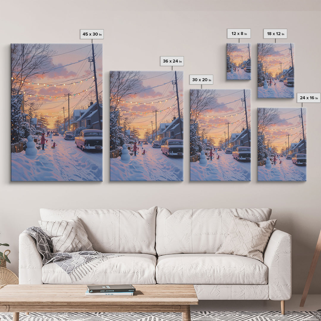 Cozy Neighborhood Christmas Evening with Snowmen and Festive Lights, Perfect for Framed Canvas Print and Holiday Wall Art