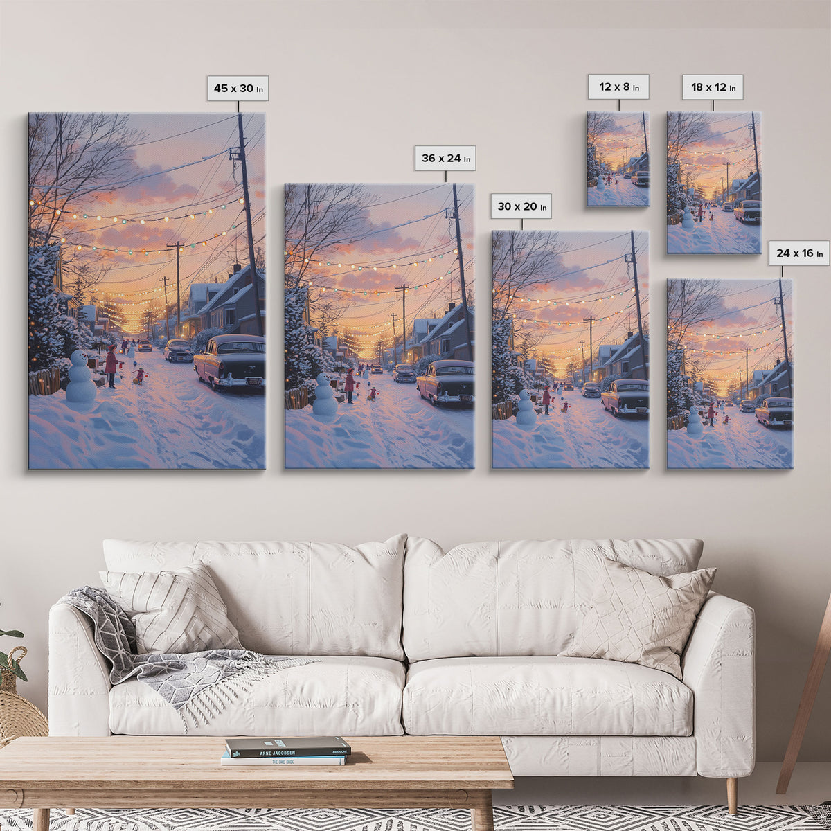Cozy Neighborhood Christmas Evening with Snowmen and Festive Lights, Perfect for Framed Canvas Print and Holiday Wall Art