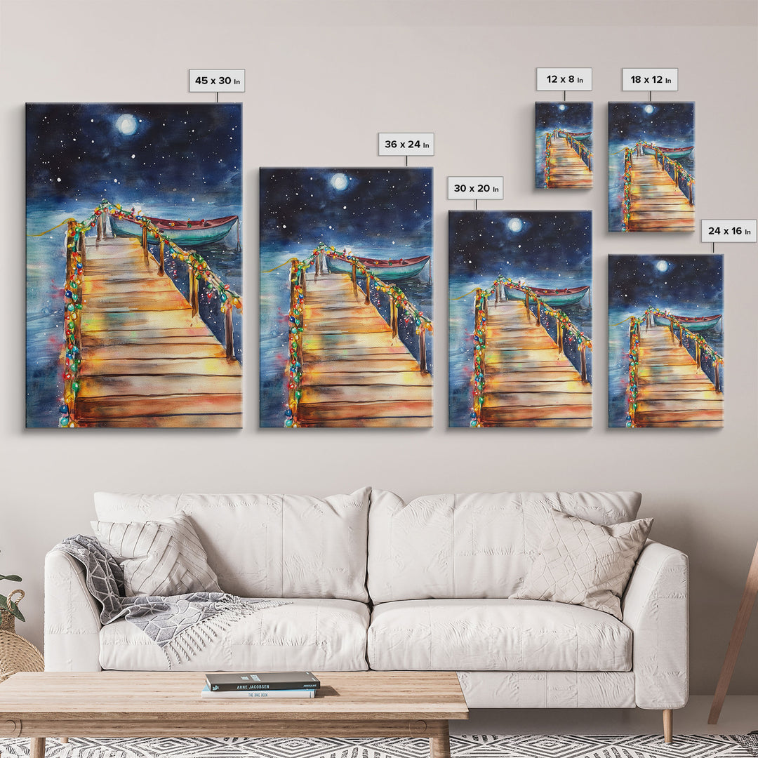 Lakeside Dock Decorated For Christmas, Nautical Christmas Wall Art Canvas Print, Farmhouse Christmas, Lake House Christmas Art