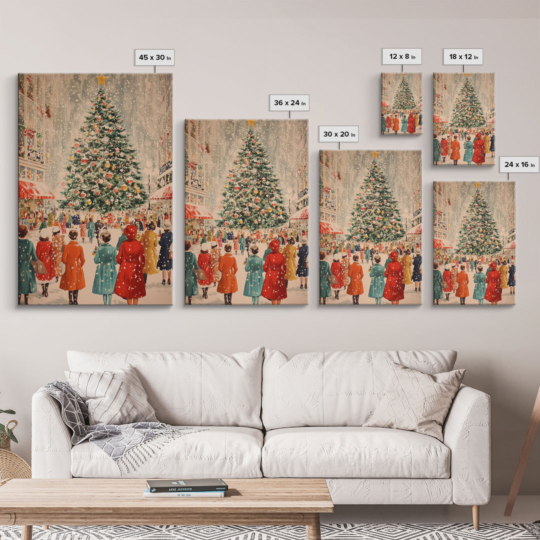 Large Christmas Tree in Snowy Town Square with People Gathering for the Holidays, Framed Canvas Print for Christmas Wall Art