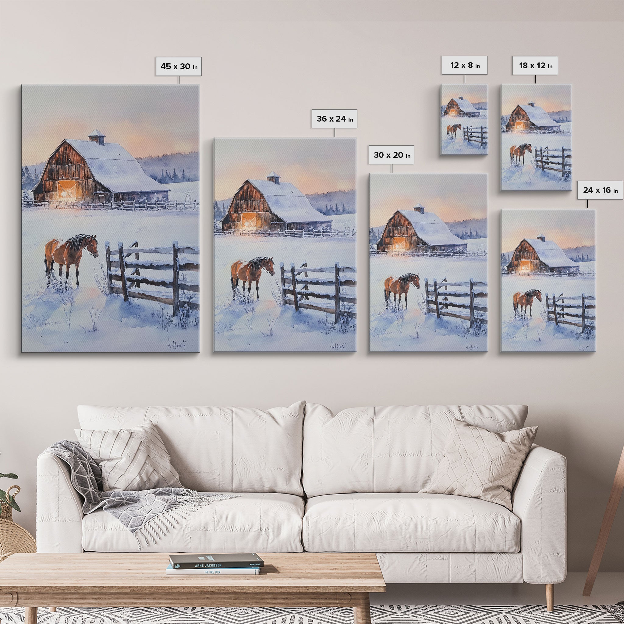 Christmas On The Farm, Winter Wall Art Framed Canvas Print, Gift Idea, Seasonal Decor, Barn Painting, Farmhouse Art