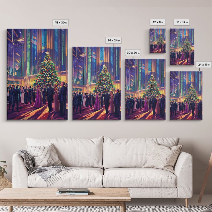 Elegant Christmas Ball Scene with Large Decorated Tree and Holiday Party, Perfect for Framed Canvas Print and Christmas Wall Art