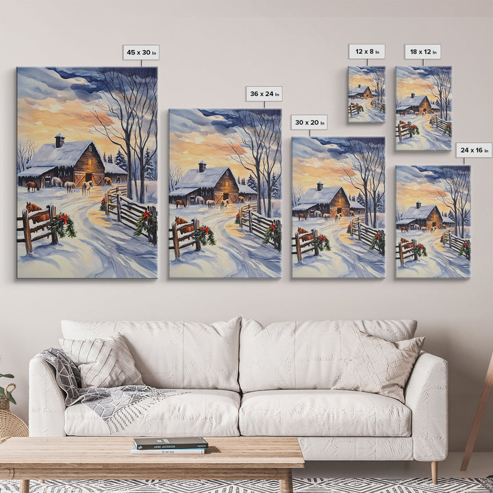 Christmas On The Farm, Winter Wall Art Framed Canvas Print, Gift Idea, Seasonal Decor, Barn Painting, Farmhouse Art