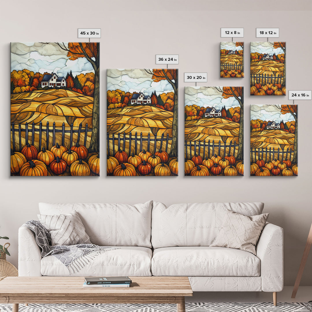 Cozy Fall Farmhouse With Pumpkins Framed Canvas Print Autumn Wall Art Country Farmhouse Decor Best Gift Idea Above Sofa Seasonal Art