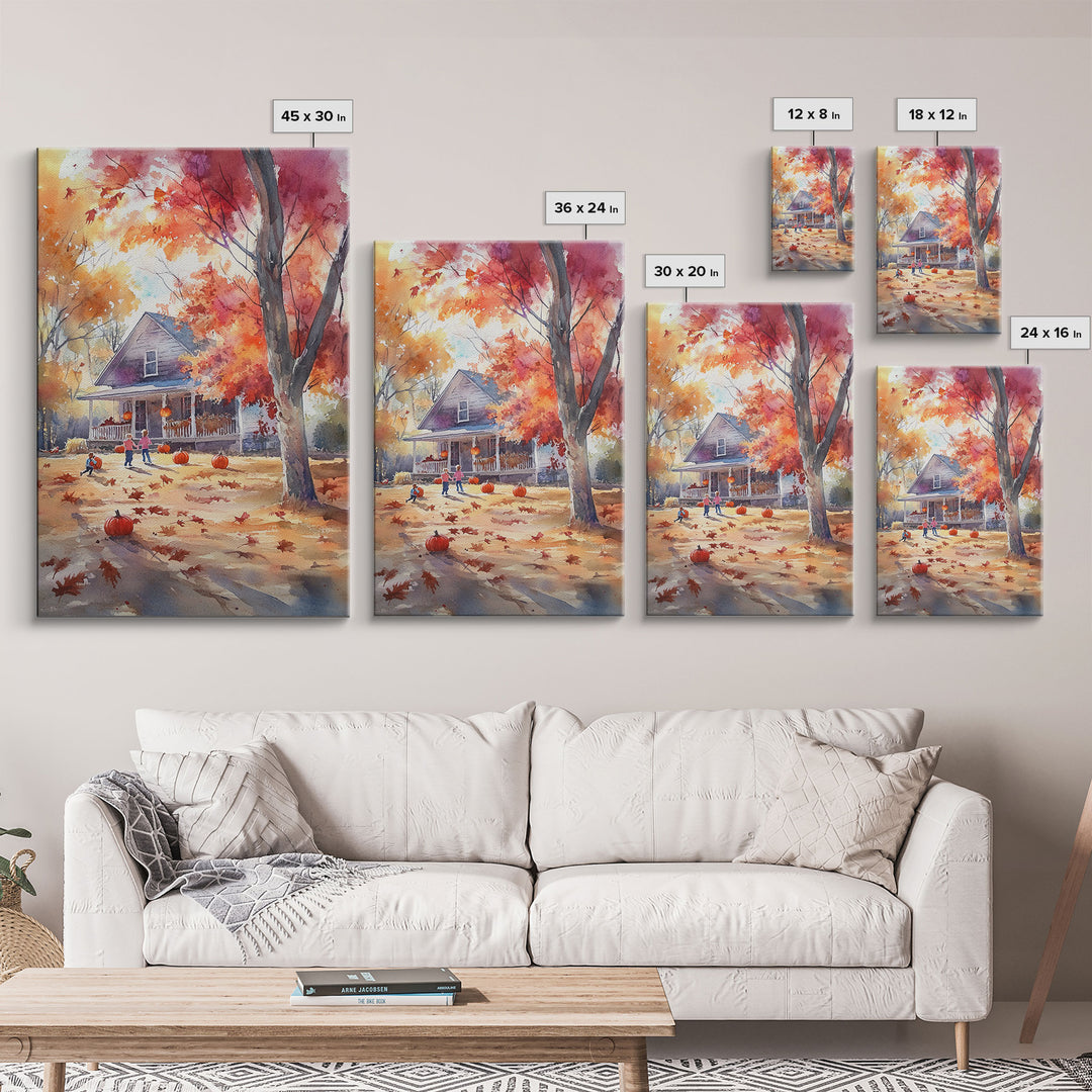 Kids Playing In Fall Leaves Framed Canvas Print Autumn Country Wall Art Farmhouse Decor Best Gift Idea Seasonal Holiday Wall Art