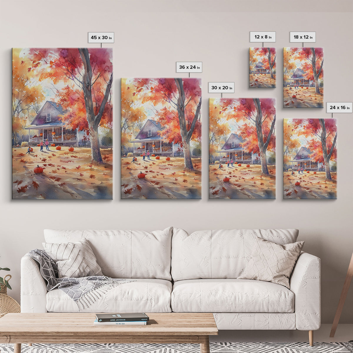 Kids Playing In Fall Leaves Framed Canvas Print Autumn Country Wall Art Farmhouse Decor Best Gift Idea Seasonal Holiday Wall Art