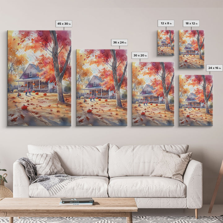 Kids Playing In Fall Leaves Framed Canvas Print Autumn Country Wall Art Farmhouse Decor Best Gift Idea Seasonal Holiday Wall Art
