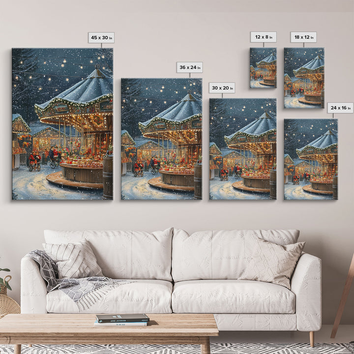 Christmas Carousel at a Snowy Night Market with Festive Lights and Ornaments, Framed Canvas Print for Christmas Wall Decor