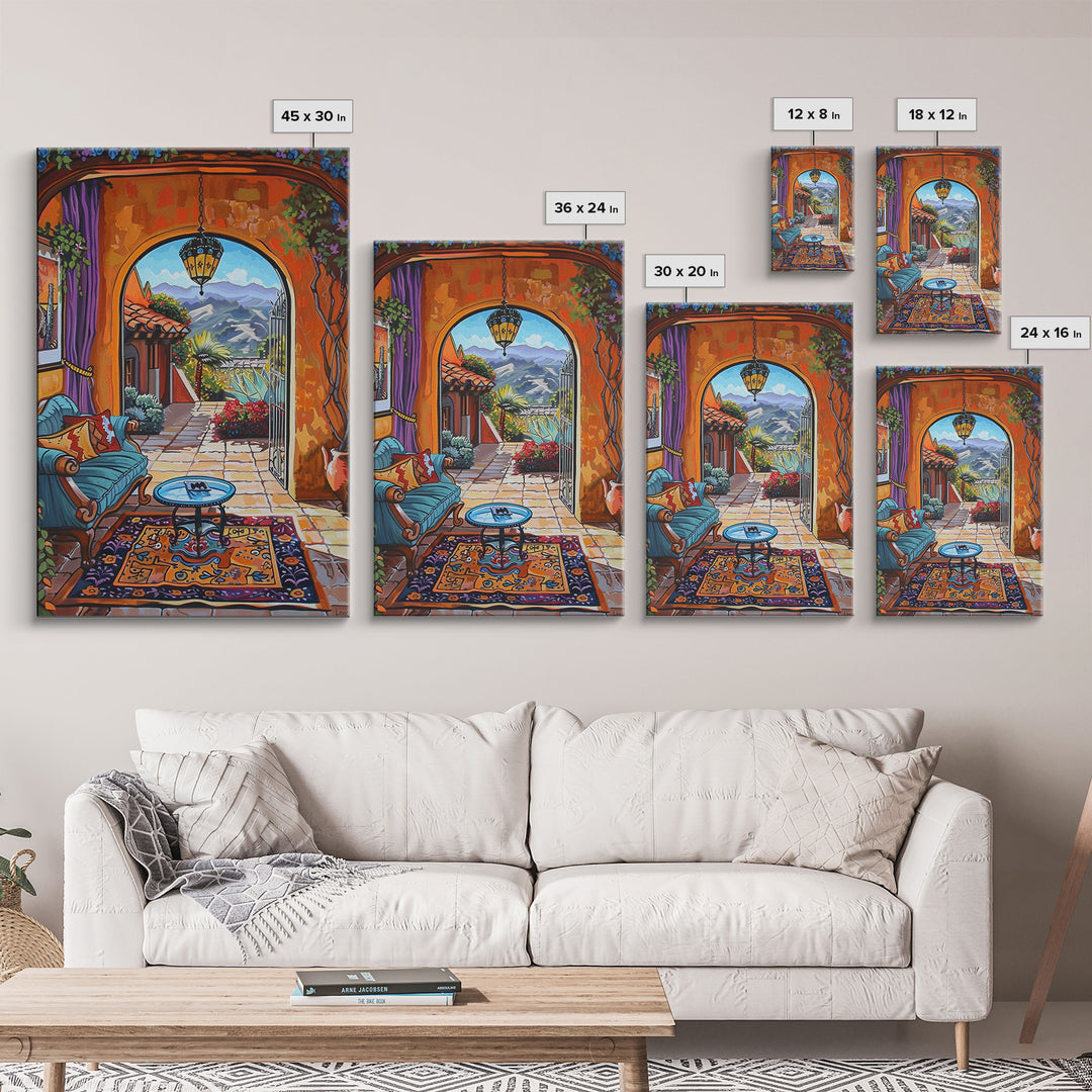 Cozy Southwestern Patio Framed Canvas Print Colorful Courtyard Best Gift Idea Home Decor Bright Seasonal Art Above Sofa Wall Art