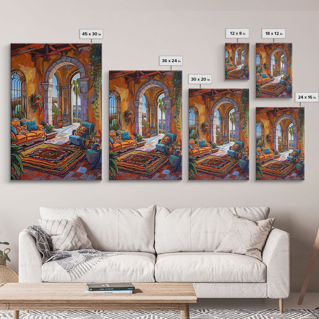 Mediterranean Lounge With Mountain View Framed Canvas Print Spanish Style Patio Wall Art Home Decor Best Gift Seasonal Above Sofa Art