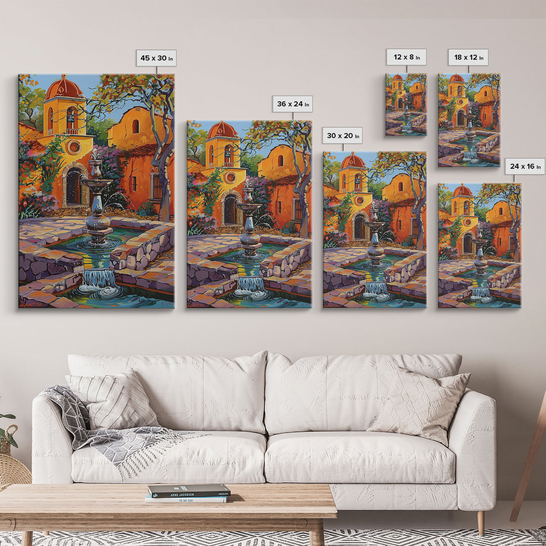 Mexican Style Framed Canvas Print Tall Art Vibrant Outdoor Fountain Scene With Colorful Architecture