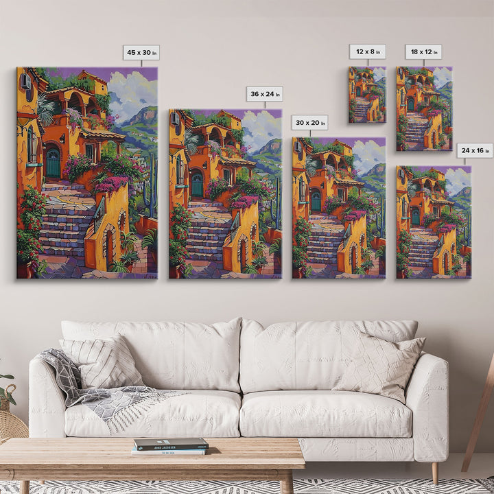 Framed Canvas Print Tall Art Mexican Style Scenic Steps Lined With Colorful Flowers And Architecture
