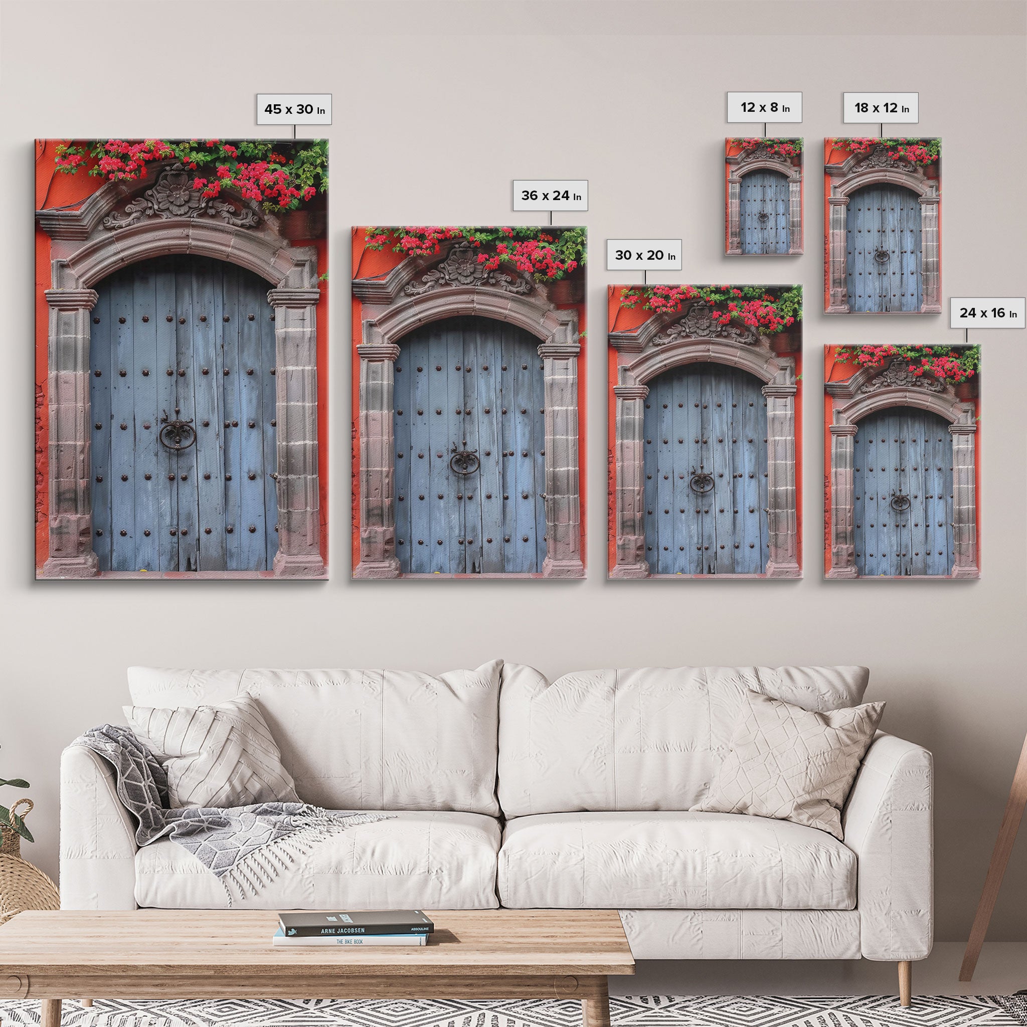 Mexican Style Colorful Architecture Framed Canvas Print Tall Art Depicting Traditional Blue Doors