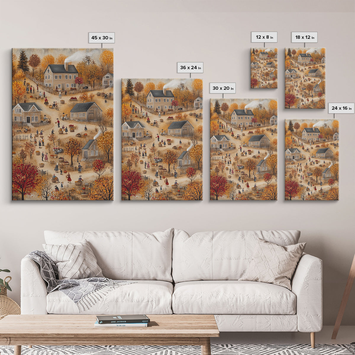 Folk Art Harvest Scene with Autumn Colors and Cozy Farm Activities, Perfect for Framed Canvas Print and Seasonal Wall Decor