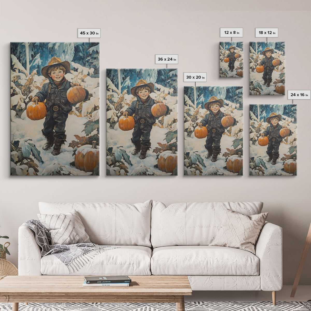 Cowboy Christmas Decor Framed Canvas Print with Pumpkin in Snow, Rustic Holiday Home Wall Art and Seasonal Gift Idea 2024