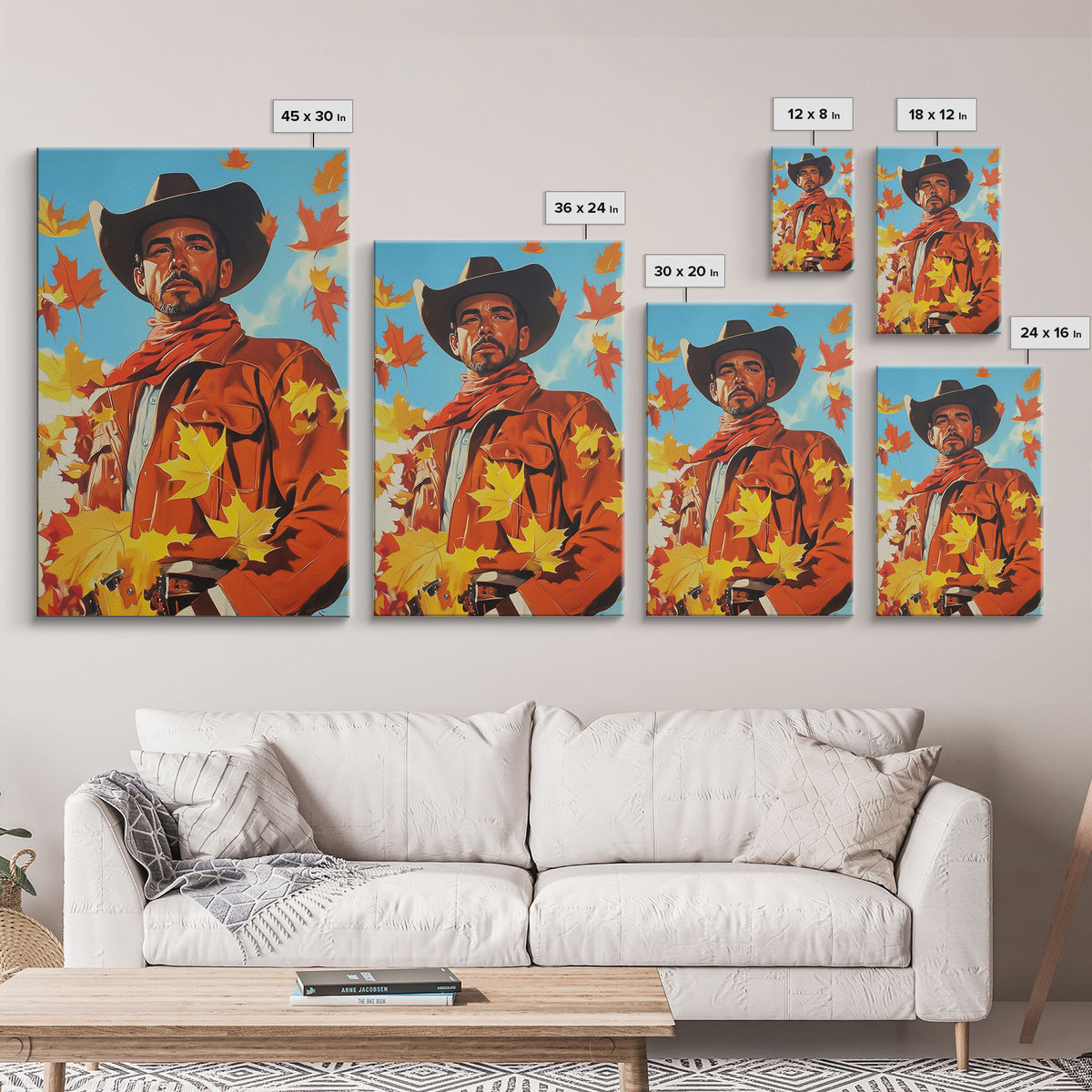 Autumn Cowboy Holiday Decor Framed Canvas Print with Leaves, Colorful Seasonal Wall Art Gift Idea 2024