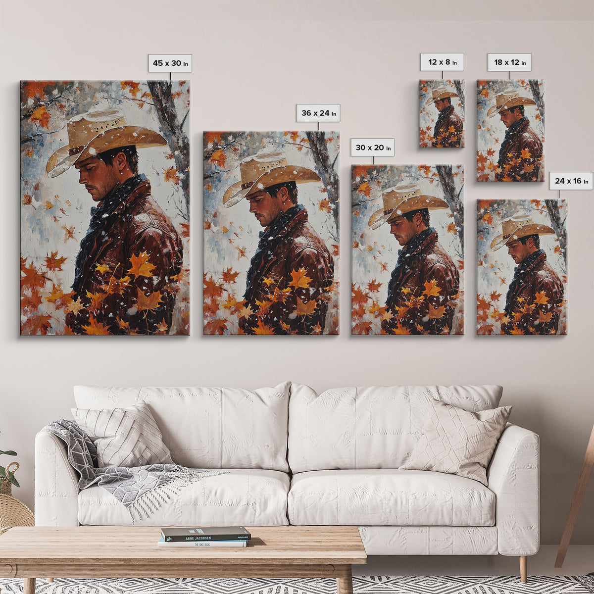 Rustic Cowboy Holiday Art Framed Canvas Print with Falling Leaves, Perfect Autumn Decor and Seasonal Gift Idea 2024