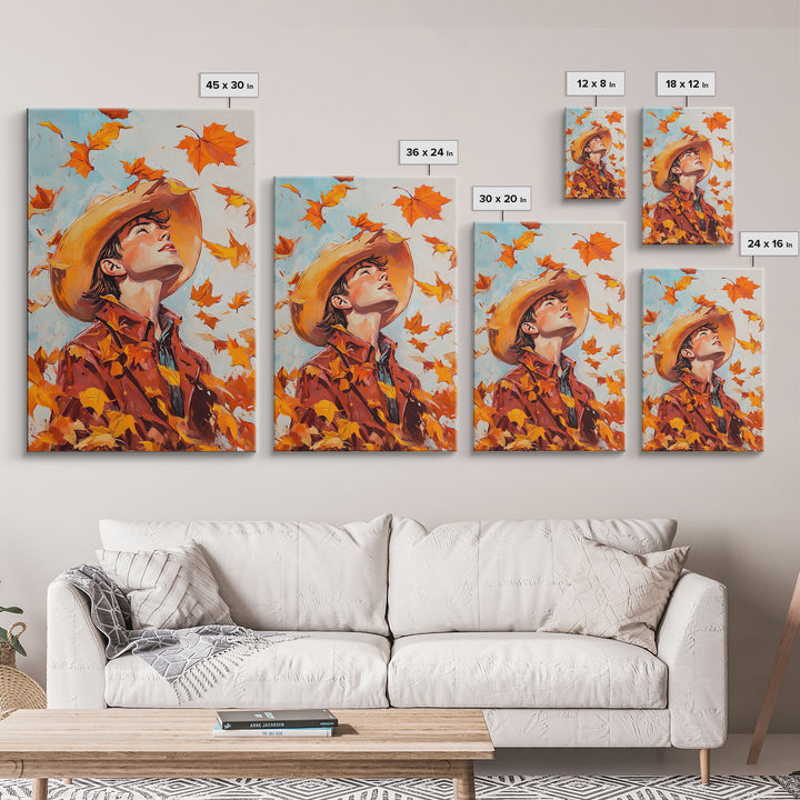 Cowboy Fall Decor Canvas Print with Windblown Leaves, Rustic Farmhouse Autumn Holiday Wall Art Seasonal Gift Idea 2024