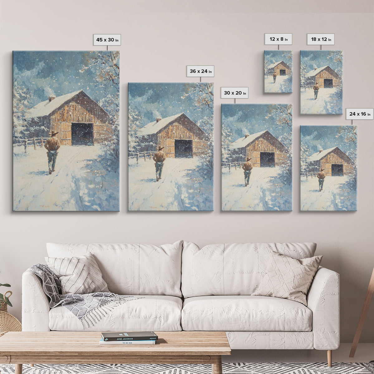 Cowboy Walking in Snow Scene Framed Canvas Print - Moody Landscape Art for Winter Home Decor 2024 Rustic Winter Wall Art