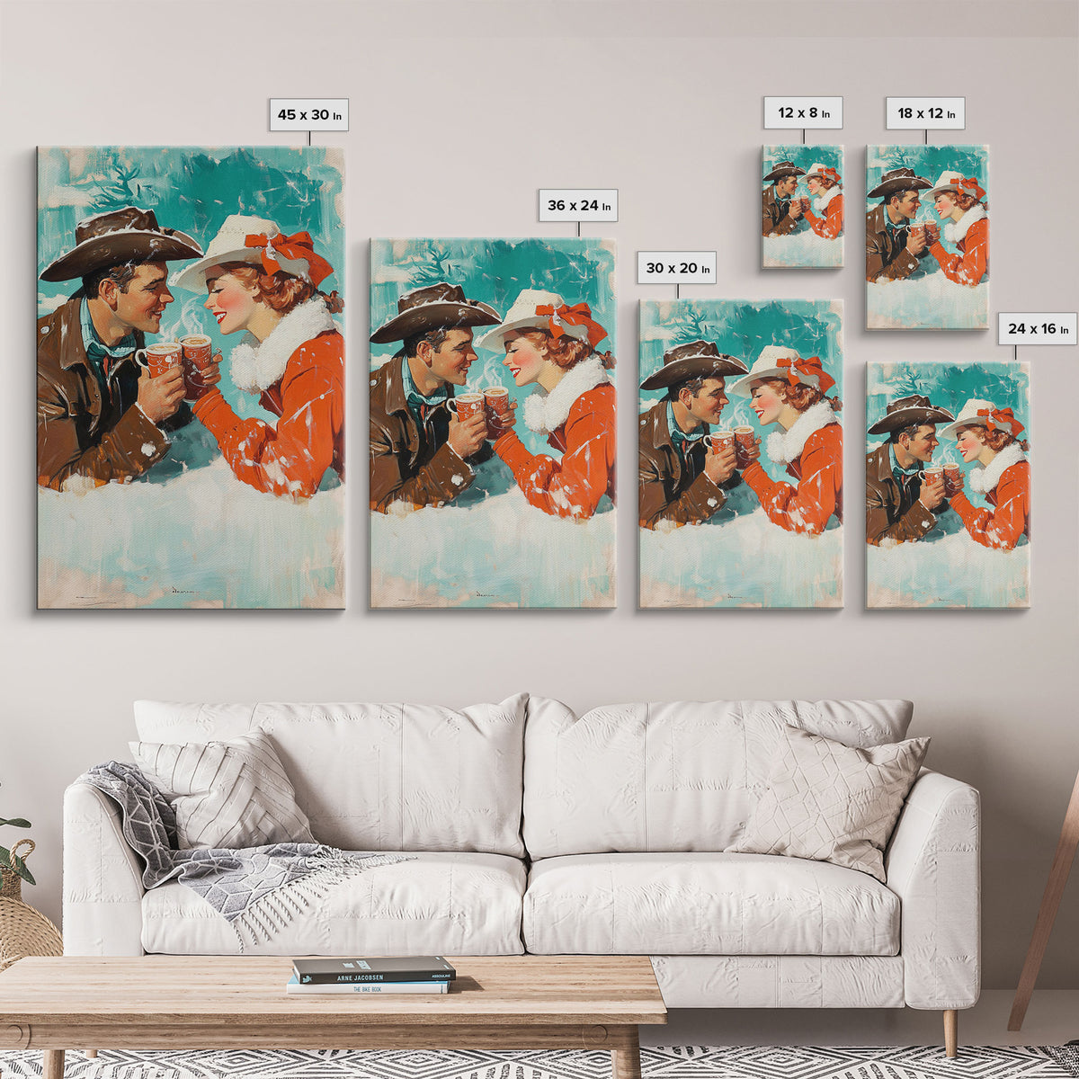 Cozy Couple Hot Cocoa Framed Canvas Print - Retro Vintage Christmas Art 2024 Christmas Decor Perfect for Holiday Wall Art