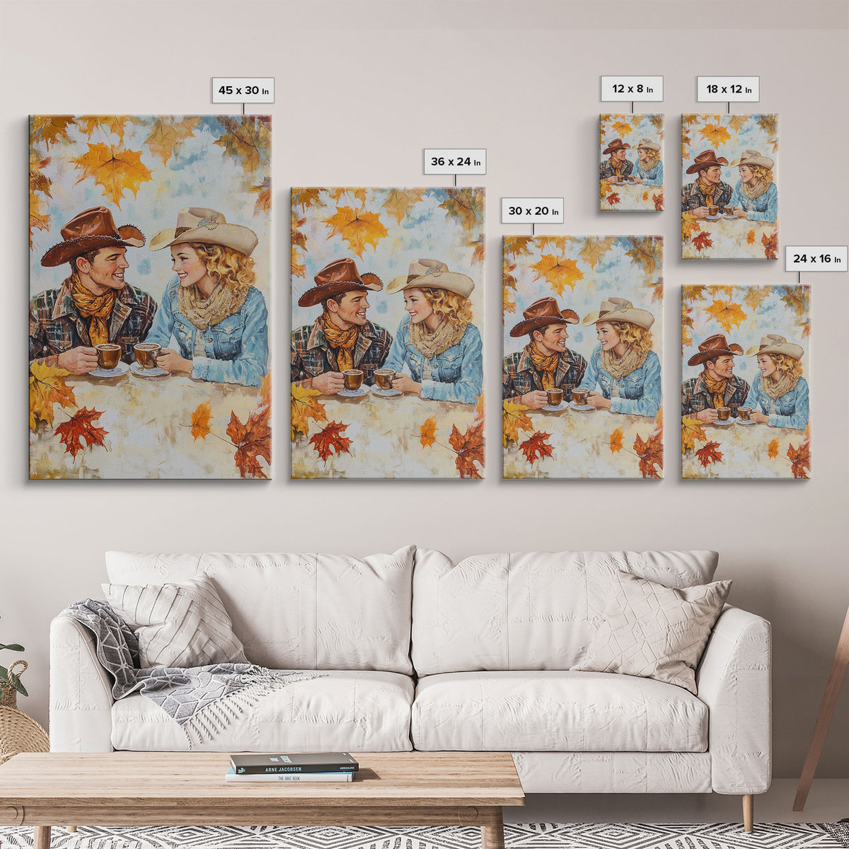 Cowboy and Cowgirl Fall Scene Framed Canvas Print - 2024 Rustic Autumn Love Country Art Gift Idea Fall Wall Decor