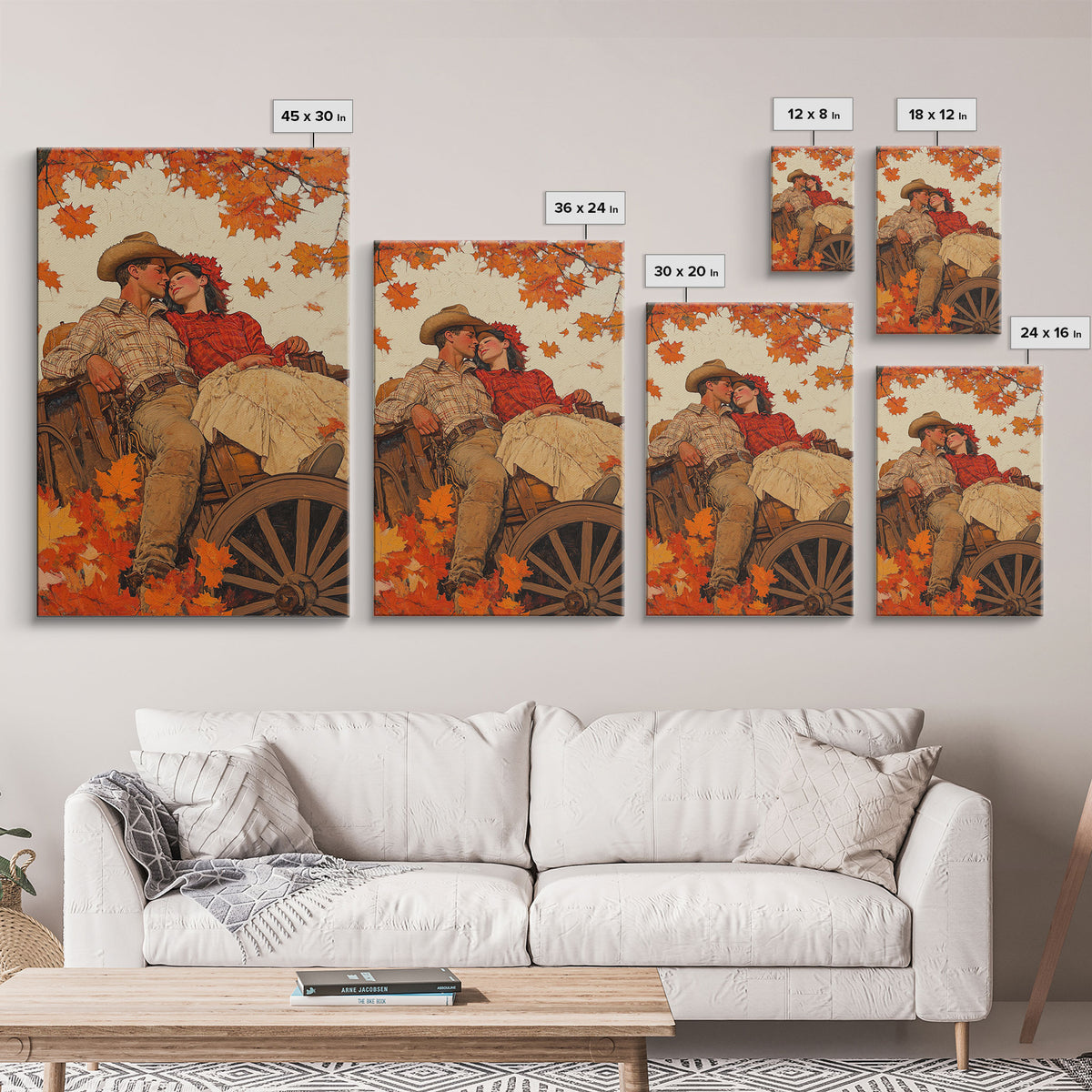 Cozy Fall Couple in Wagon Framed Canvas Print - 2024 Vintage Autumn Love Art Best Gift Idea Fall Farmhouse Wall Decor