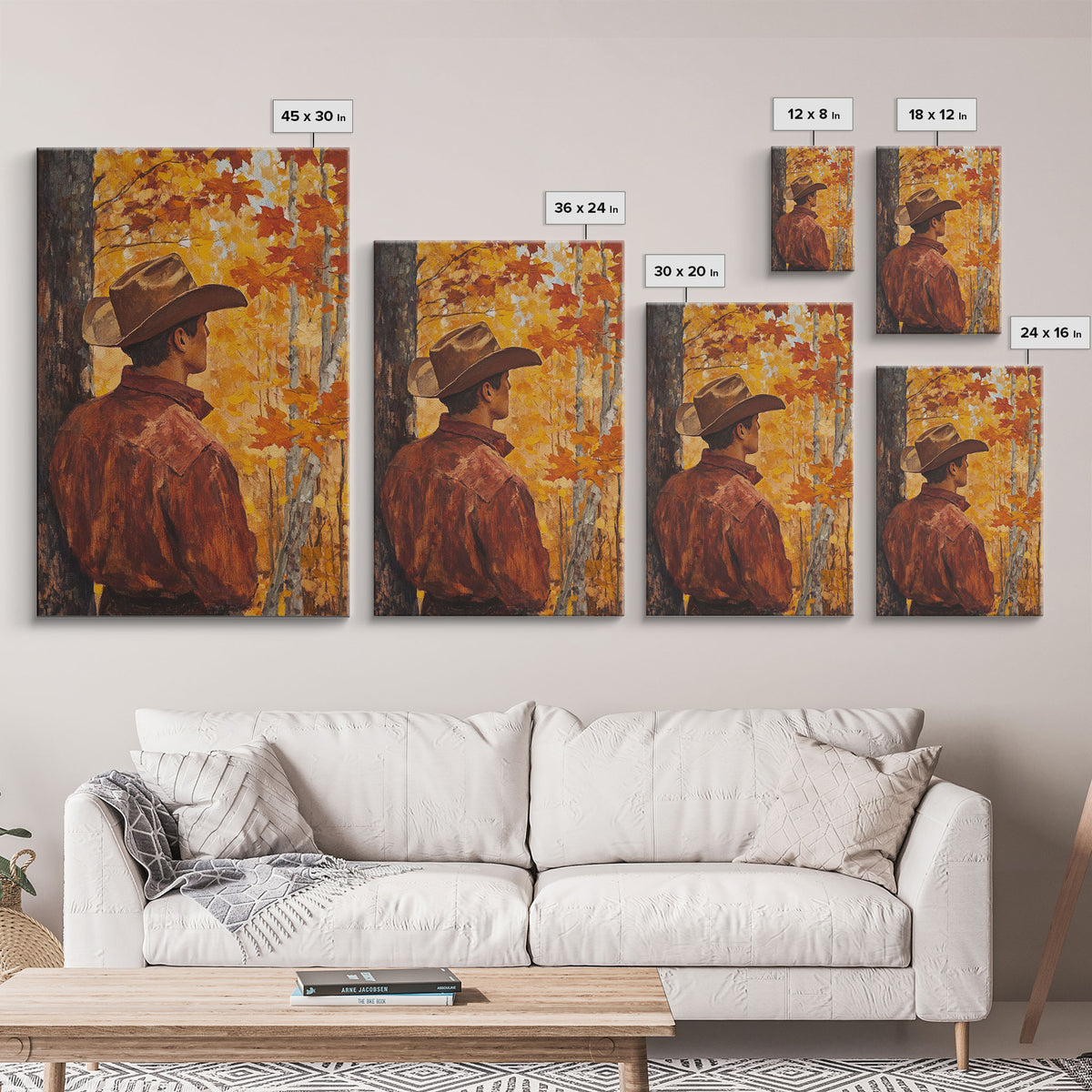 Cowboy in Autumn Forest Framed Canvas Print - Rustic Fall Wall Art Perfect Gift Idea 2024 Country Decor - Moody Landscape Art