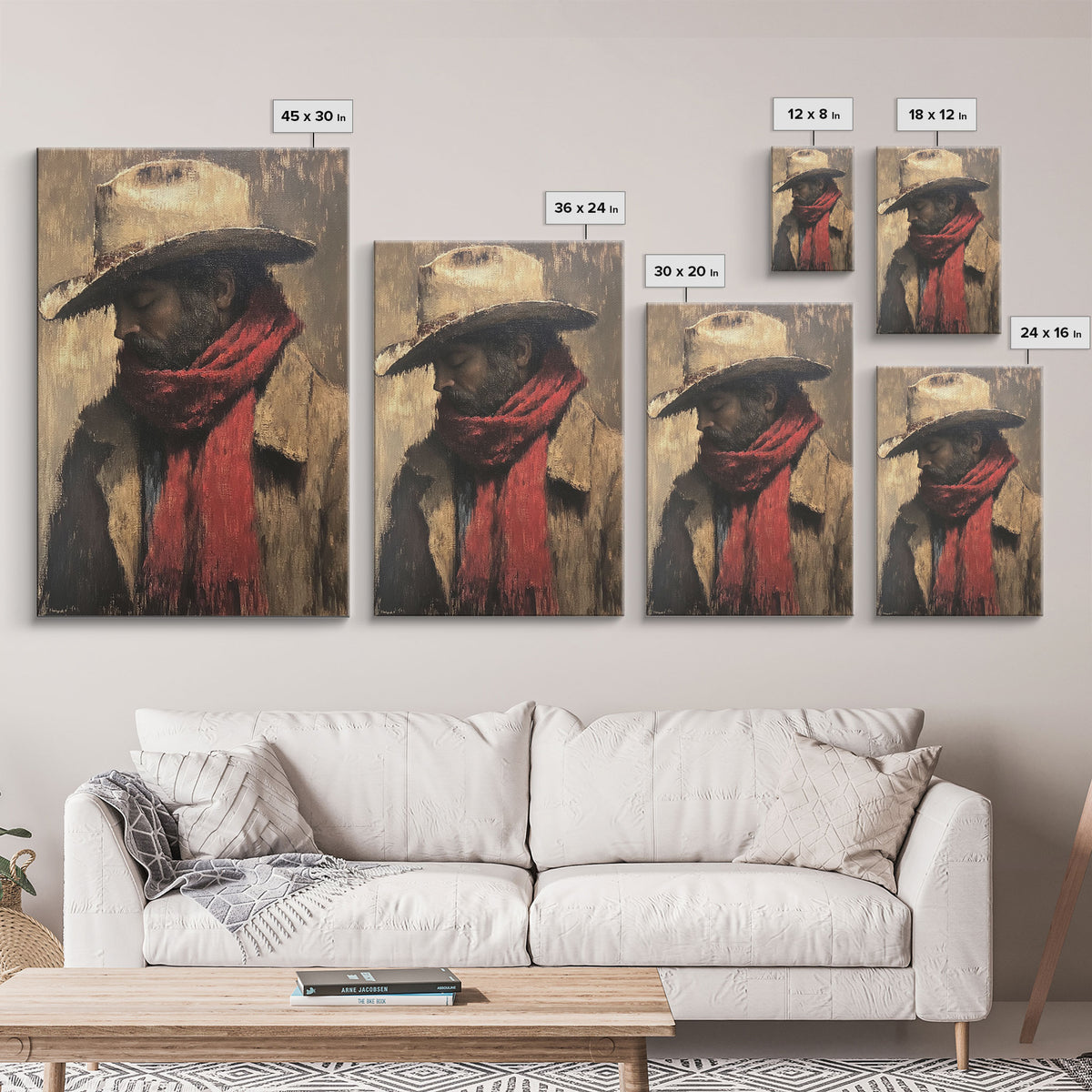Moody Cowboy with Red Scarf Framed Canvas Print - Rustic Winter Landscape Art Best Gift Idea 2024 Christmas Wall Art