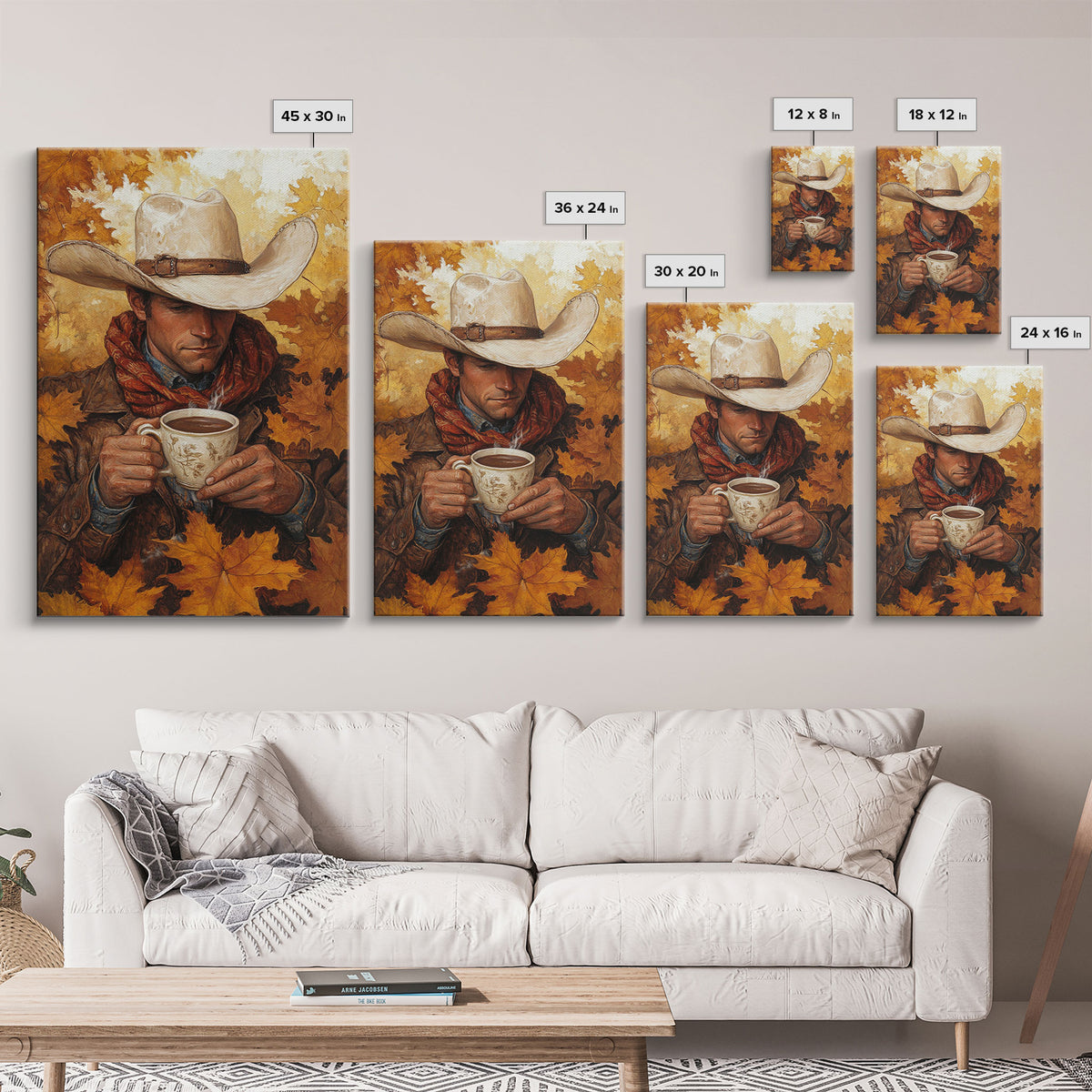 Cowboy Holding Hot Drink Framed Canvas Print - Moody Winter Landscape Art Perfect 2024 Christmas Wall Decor