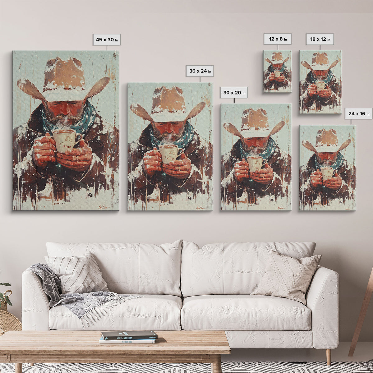 Cowboy Riding Horse in Winter Forest Framed Canvas Print - Moody Winter Landscape Art Perfect 2024 Christmas Home Decor