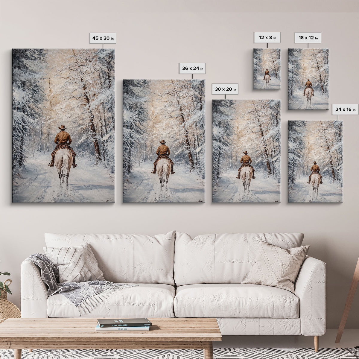 Cowboy by Window with Coffee Framed Canvas Print - Cozy Christmas Wall Art 2024 Rustic Holiday Decor and Gift Idea