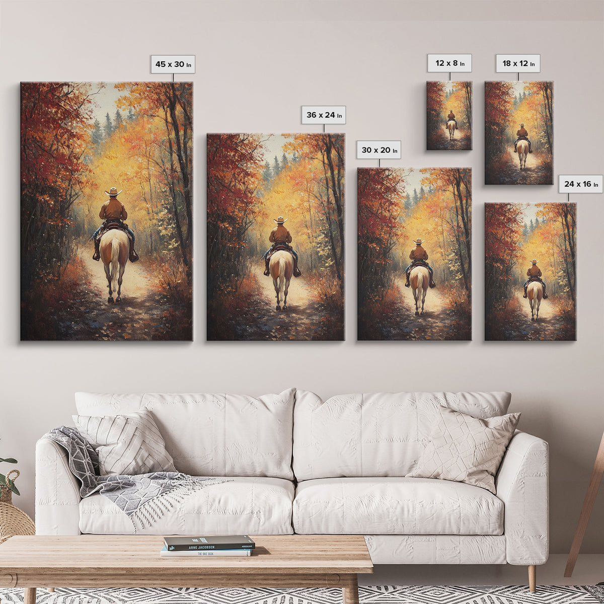 Cowboy Rider in Vibrant Autumn Forest Canvas Print Fall Season Wall Art Gallery Wall Christmas Wall Decor Vintage Cowboy Art Gift Idea