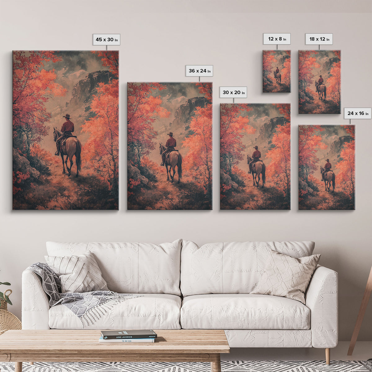 Cowboy in Forested Autumn Trail Framed Canvas Print Vintage Christmas Wall Decor Autumn Landscape Christmas Art Print Country Christmas