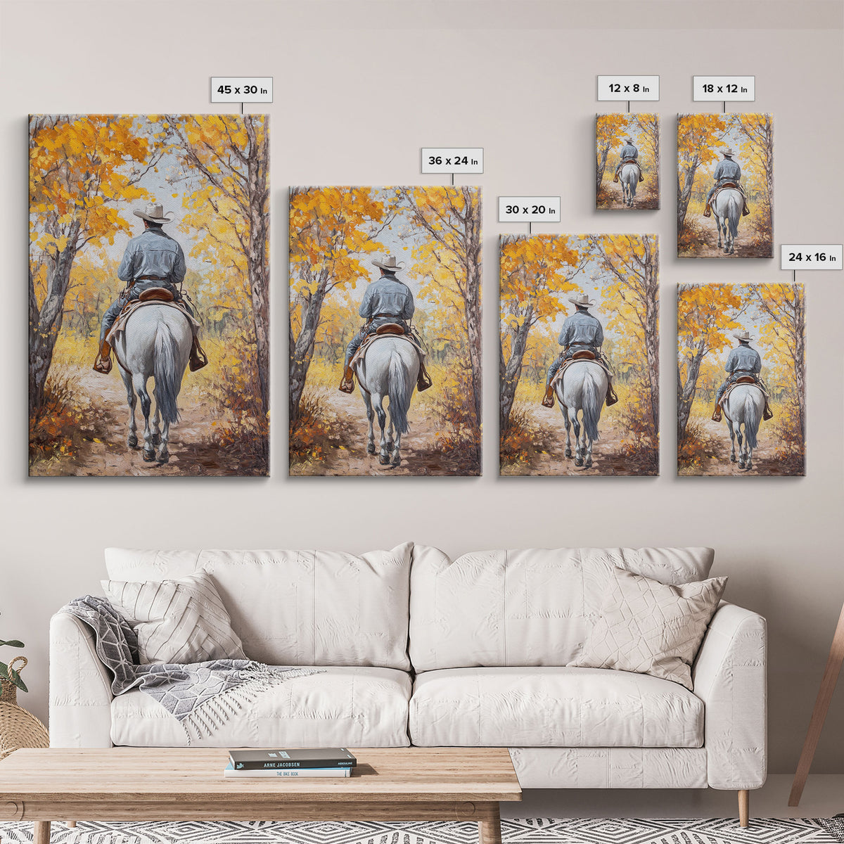 Lone Cowboy Riding Through Red Autumn Trees Framed Canvas Print Vintage Christmas Wall Art Fall Decor Winter Wonderland Seasonal Wall Art