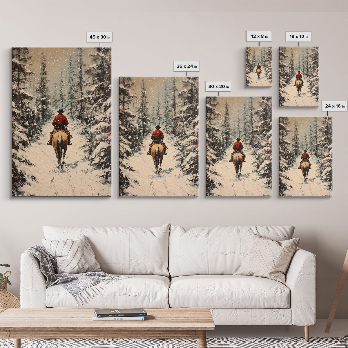 Cowboy on Horseback in Golden Autumn Trees Framed Canvas Print Rustic Christmas Wall Art Fall Decor Country Christmas Gift Seasonal Wall Art