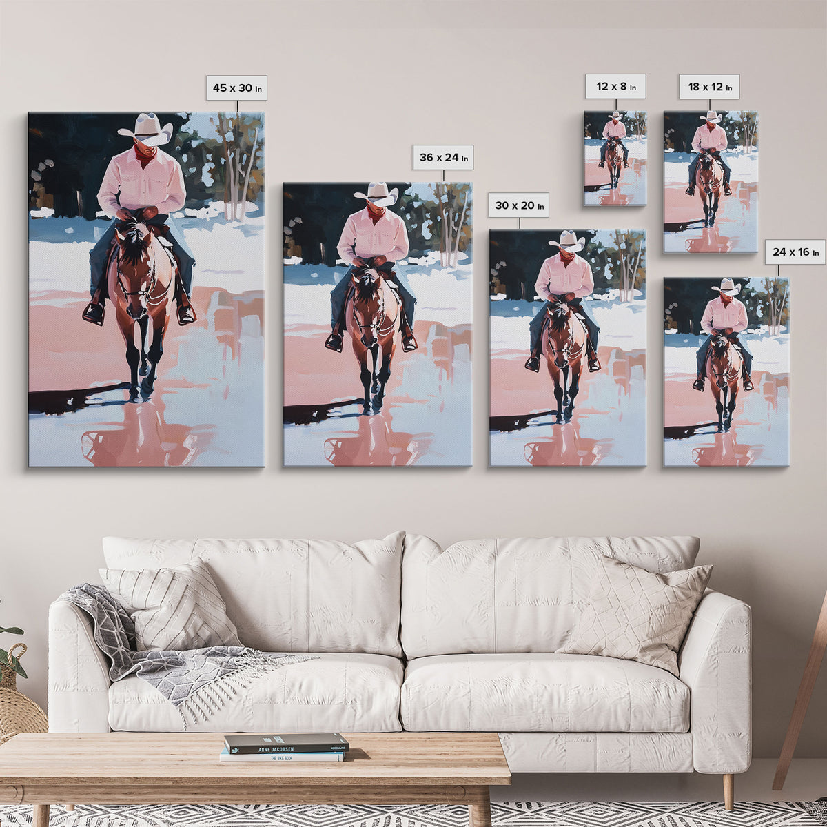 Cowboy Riding Through Snowy Winter Woods Framed Canvas Print Vintage Christmas Wall Art Winter Landscape Decor Landscape Christmas Decor