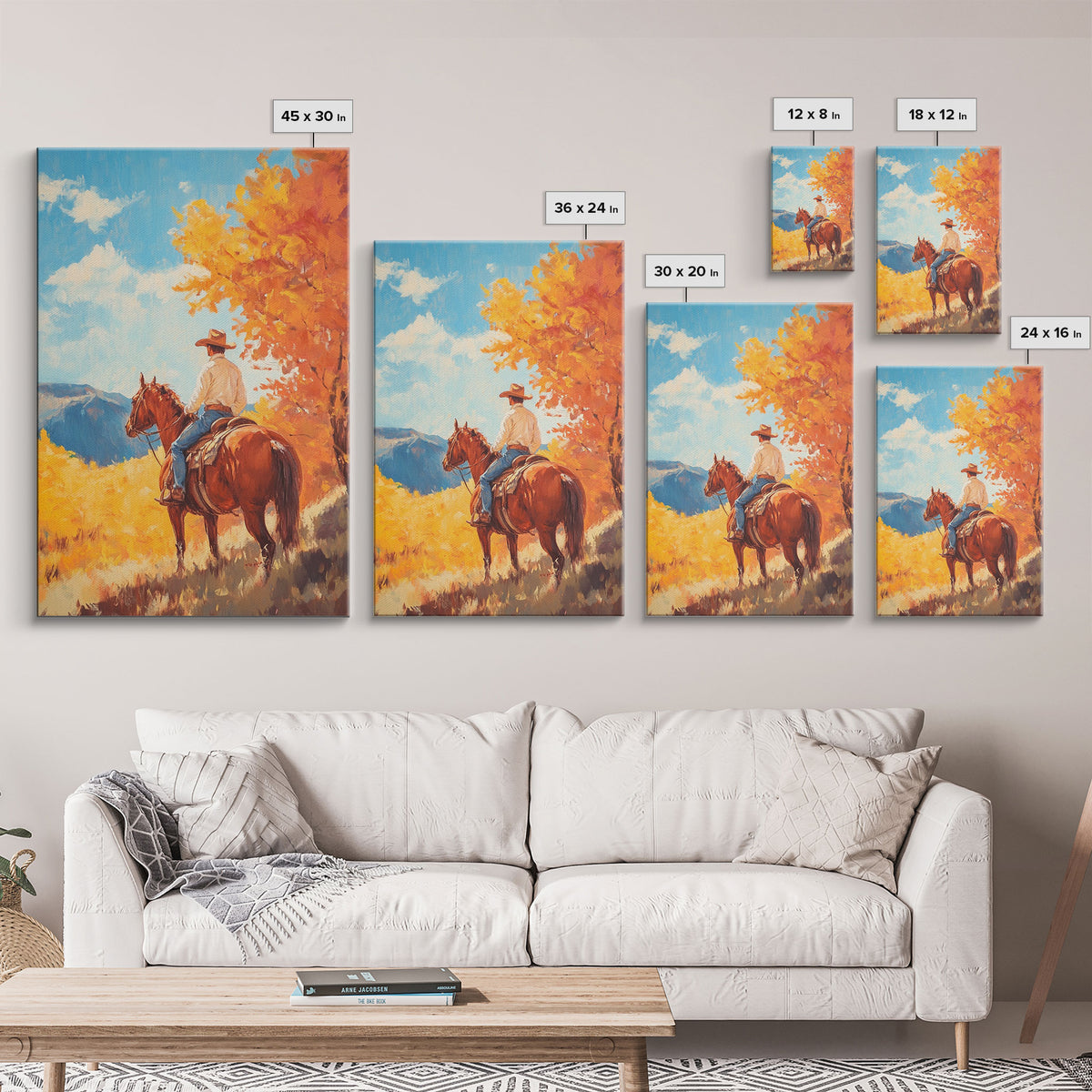 Cowboy in Colorful Autumn Trail Framed Canvas Print Country Christmas Decor Fall Wall Art Vintage Christmas Decor Gift Idea Gallery Wall Art