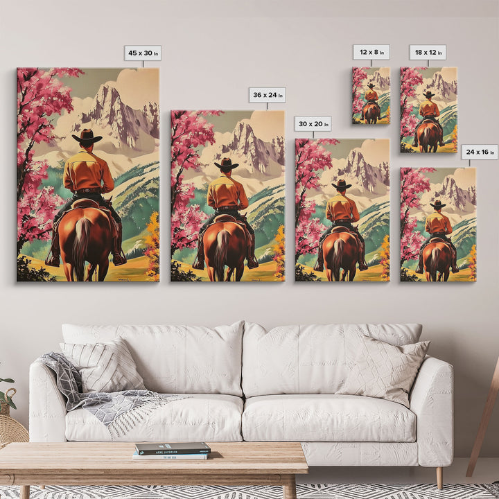Cowboy Rider in Autumn Field with Mountains Framed Canvas Print Fall Landscape Wall Art Christmas Wall Decor Vintage Christmas Gift Idea