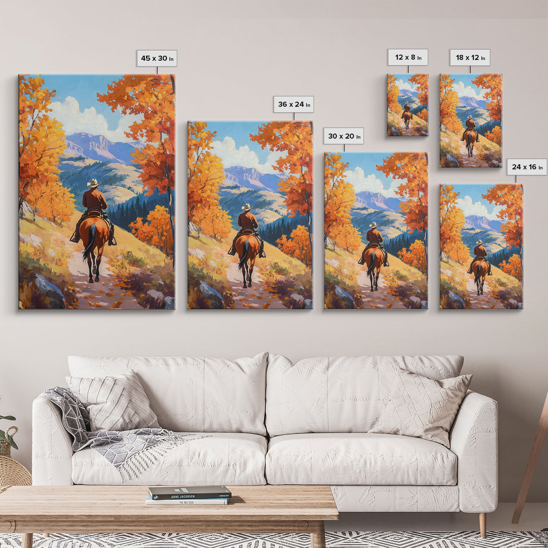 Cowboy Riding Through Autumn Mountains Framed Canvas Print Fall Landscape Art Christmas Decor Seasonal Wall Art Cowboy Christmas Gift Idea